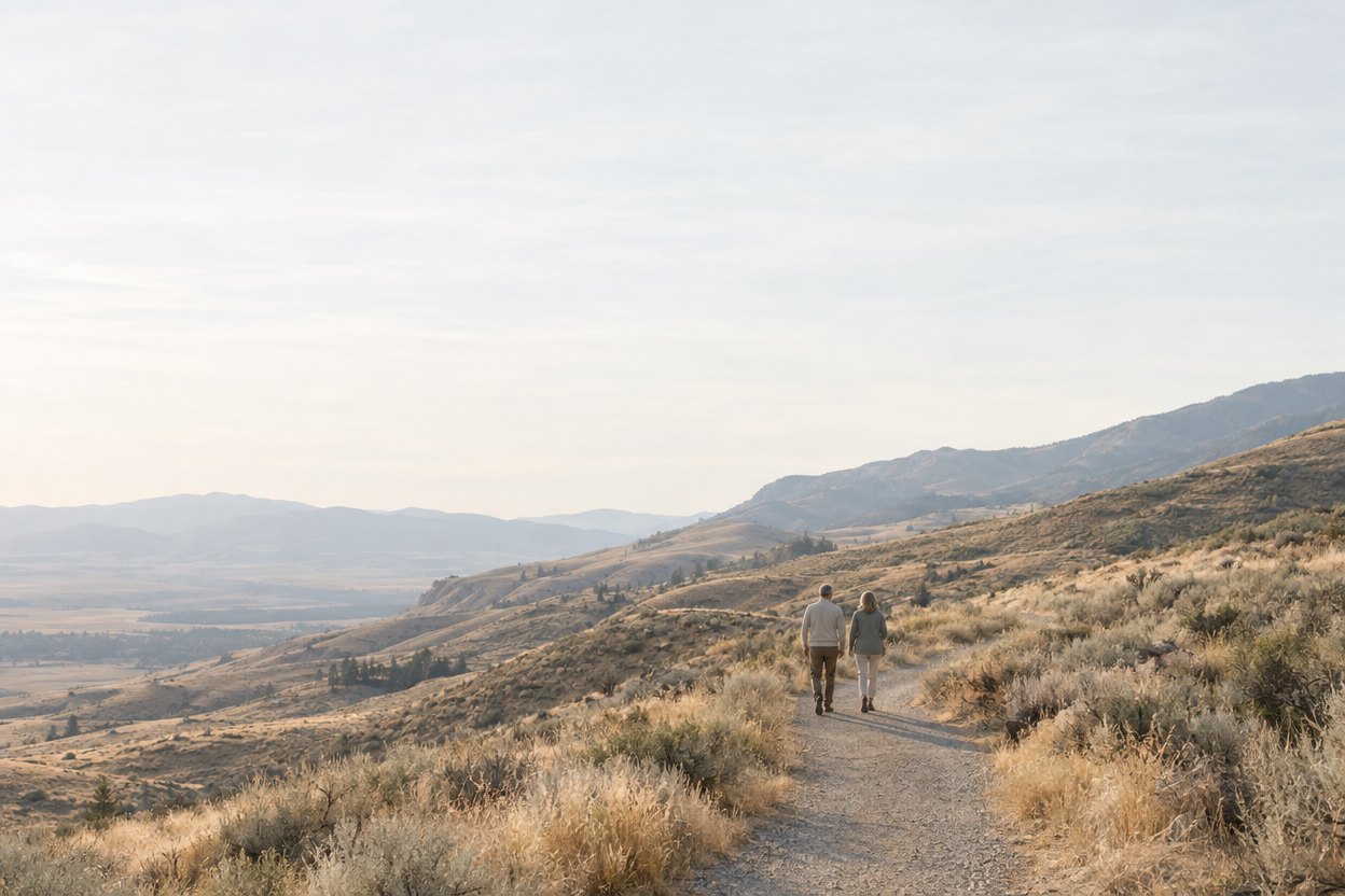 Two people walking a trail through the foothills