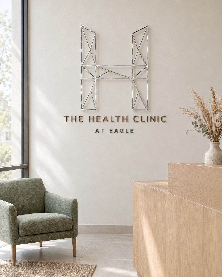 The reception area, with the practice sign on the wall